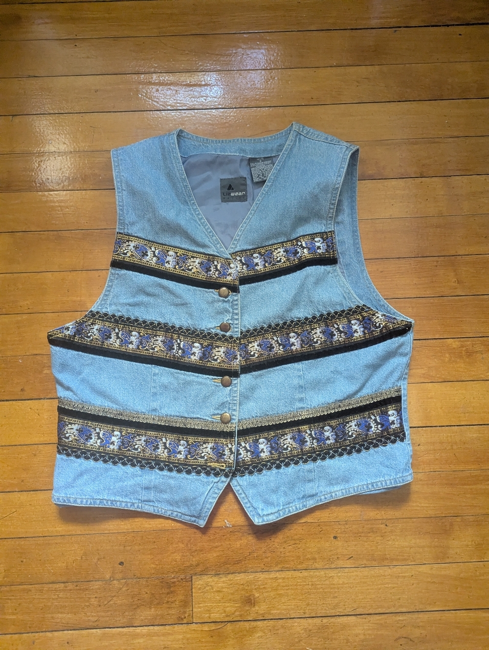 Vtg 90s Lizwear Petite M Light Wash Denim Vest Boho Paisley Tapestry Festival
